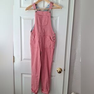 Mini Boden Girls Sz 9-10 Red White Striped Railroad Overalls Floral Line READ